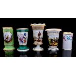 Five Staffordshire painted spill vases including Copeland type, man with dog, exotic bird,