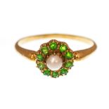 A Victorian pearl and green garnet cluster ring,