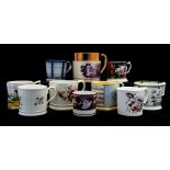 Various Staffordshire mugs, including Herculaneum lustre, song mug, floral painted, Coalport type,