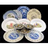 Various Staffordshire Pearlware plates, transfer printed, including blue and white pierced border,