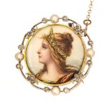 A Belle Epoque pearl, diamond and enamel brooch,