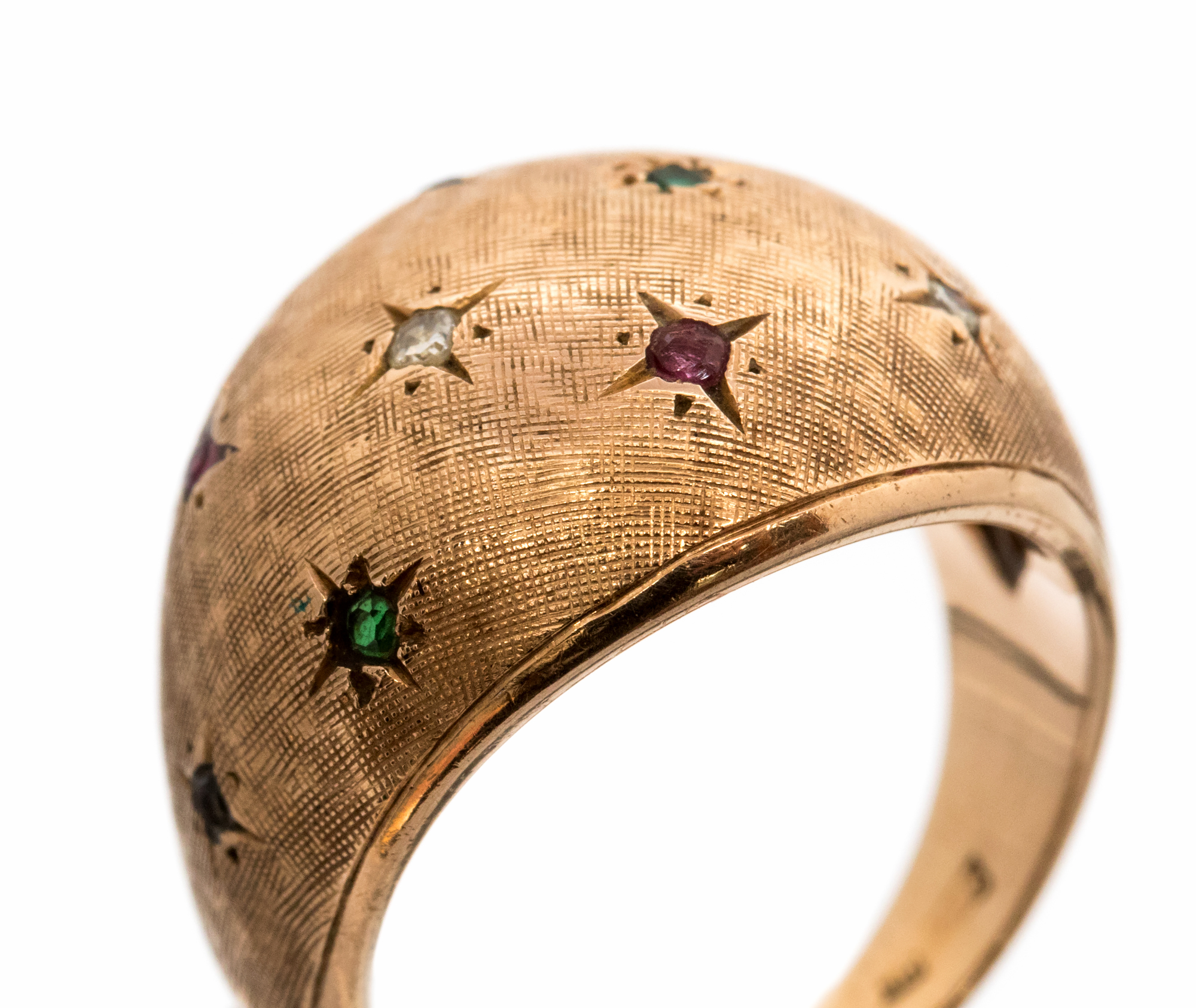 A yellow gold boule head ring, the textured domed head star set with small diamonds, rubies, - Image 2 of 2