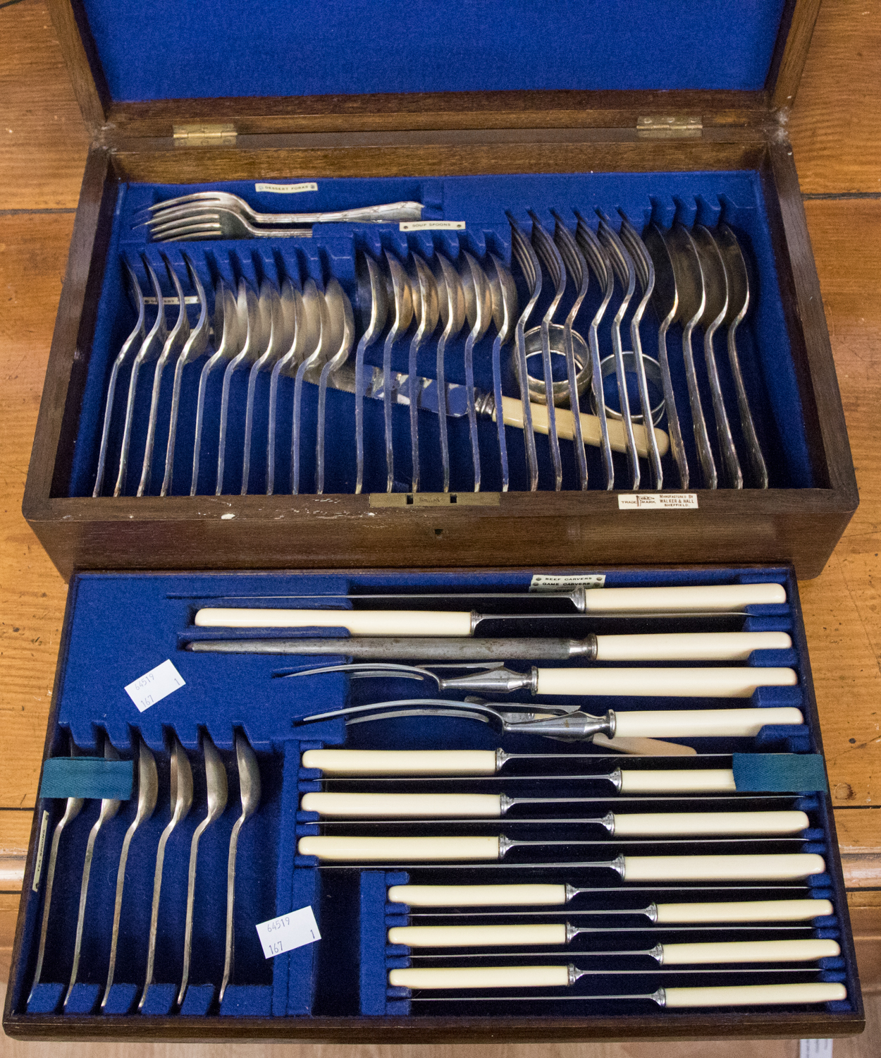 A Walker and Hall canteen of cutlery in original oak box, the flatware being Walker and Hall EPNS,