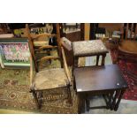 A collection of furniture including an early 20th Century rocking chair with rush seat,