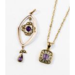 A 9ct gold amethyst and diamond chip pendant necklace;