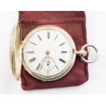 A silver hunter pocket watch London 1880 with key and pouch enamel dial and Roman numerals