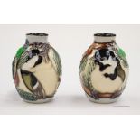Two miniature Moorcroft first quality vases in the 'Coal Tits' pattern, designed by Vicki Lovatt,