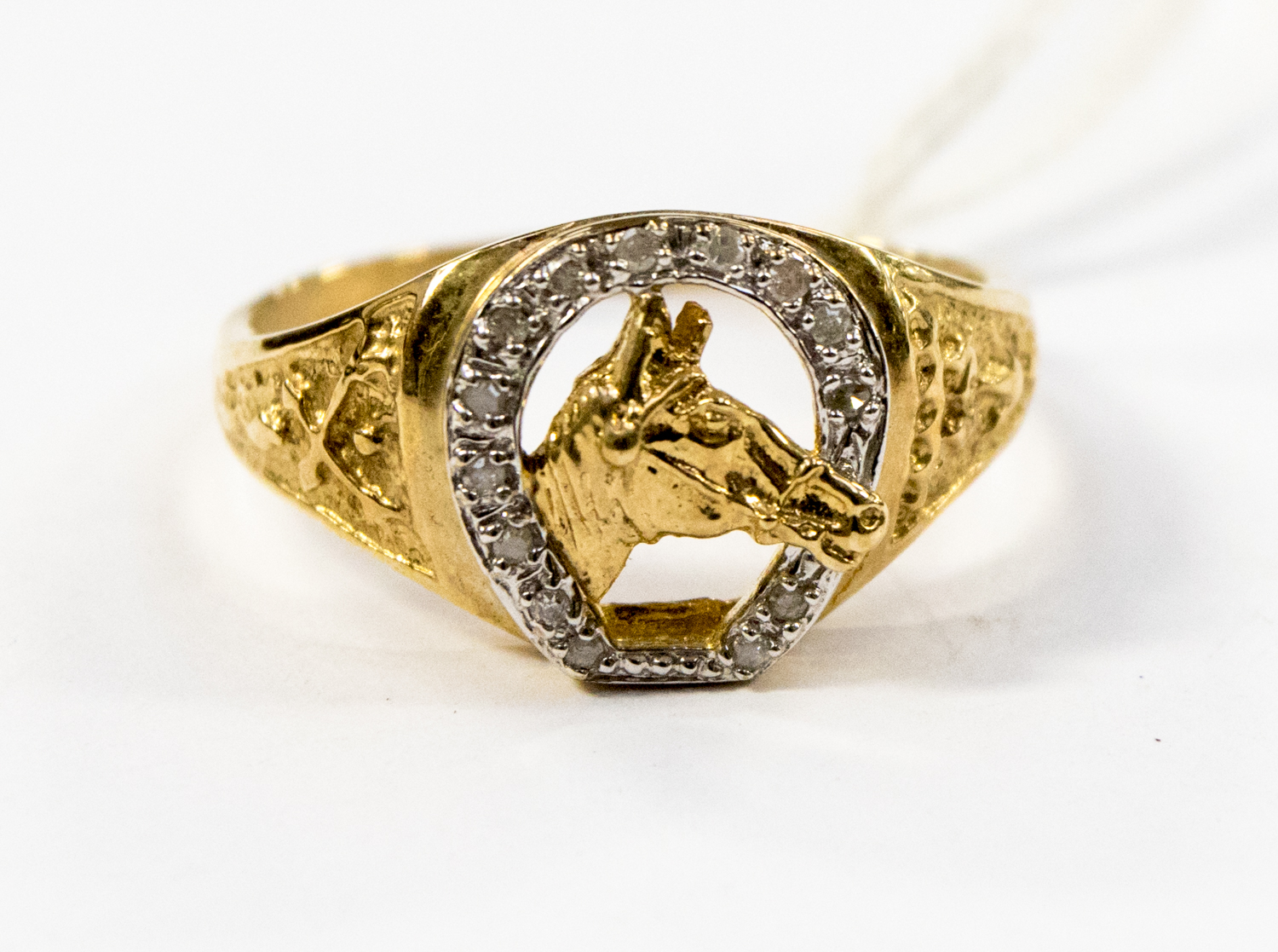 Horse interest, a gentlemans 9ct gold ring, with horse head,