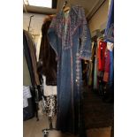 A denim Eastern European dress, with a huge embroidered yoke and braiding, maxi length, late 40/50,