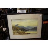 Late-19th / early-20th century watercolour, unsigned, landscape with mountains and lake, cottage,