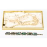 A cultured pearl necklace, bracelet and earrings with crystal, a silver and papua shell bracelet,