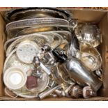 A collection of silver plated wares, to include wine coasters, a gallery tray, cutlery,