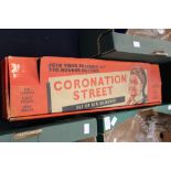 An original box containing five of six Coronation Street glasses, circa 1960s, Ena Sharples,