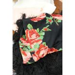 Two silk and embroidered stoles, with a black silk shawl, embroidered red roses,