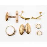 A collection of 9ct gold jewellery including gold and sapphire ring, earrings and cufflinks,