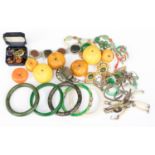 A collection of resin and semi precious beads and stones comprising jade, jasper and agate bangles,