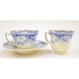 Trio of Rockingham teacup, coffee cup and saucer, transfer print, blue and gilt rim,