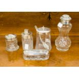 Five silver topped glass containers, to include a sugar caster, conserve pot a/f,