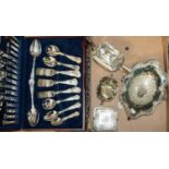 A quantity of plated ware including a three piece teaset, trays, basket,