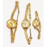 Three 9ct gold ladies wristwatches on metal straps, Climax,