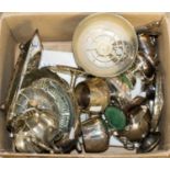 A box of plated, vases, dishes, rose bowls,