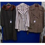 A trouser suit, brown tweed, 1970's and a ladies early 1960's cream and brown striped jacket,
