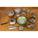 A collection of silver and plated items, comprising bottle cap, pedestal salt sifter,