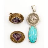 A pair of oriental gilt metal and amethyst earrings, screw fitting one a/f,