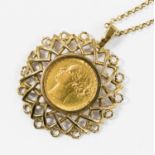 A Victorian Sovereign, dated 1879, in openwork 9ct pendant mount on fine chain,