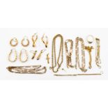 A collection of 9ct gold items including chains, earrings, pendants, hoops, etc,