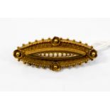 A Victorian 15ct gold seed pearl set Etruscan brooch,