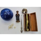 Collection of curios including silver hook, ivory bear and ball, boxed scientific scope,