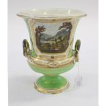 A Derby twin handled pedestal vase, hand painted 'in Ilam',