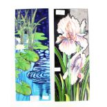 Two ceramic wall tiles in the style of Moorcroft, Water Lilies and Iris patterns, hand painted,