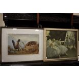 Watercolour of a highland scene with deer and eagle in flight, signed lower right,