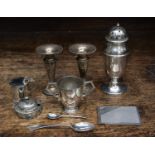 A silver sugar caster, Birmingham 1933; together with a pair of specimen vases, Birmingham 1902,