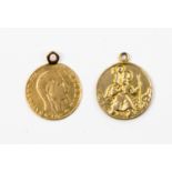 A gold 5 Francs coin, weight 1.5 grams approx and a 9ct gold St Christopher - weight approx 2.