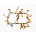 A yellow gold charm bracelet with assorted charms,