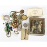 A quantity of vintage jewellery in a 1930s cigarette box and a Flacon Pour le sac,