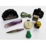 A collection of assorted items to include a semi-precious stone specimen, a pen,