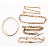 Bracelets, 9ct rose gold, including an Albert chain bracelet and a 9ct gold bangle (5), approx 66.