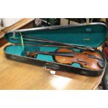 Violin, length of back 14 1/8", in case with two bows.