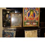 An elaborate oriental painting framed and glazed,