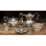 An EPNS four piece tea set and a four cup egg cruet (5)