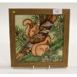 A Moorcroft 1st quality framed trial plaque, having two Red Squirrels in a Pine Tree pattern,
