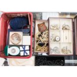 A collection of costume jewellery including pearls, silver, rings, large red leather jewellery case,