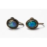 A pair of screw fix earrings, set in white metal with black opal,