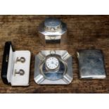 A collection of silver items to include boxed cufflinks, ashtray, cigarette case,