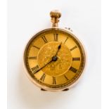 A 9ct gold cased ladies fob/pocket watch, with engraved gold dial and foliate detail to the case,