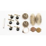 Vintage lava cameo's six banded agate dress buttons, and Art Deco glass and white metal belt clip,